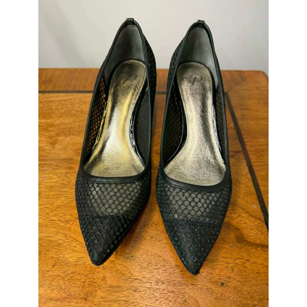 Adrianna Papell  7M EUR 37 Black Mesh Glitter Kitten Heels Pointed Toe Pumps